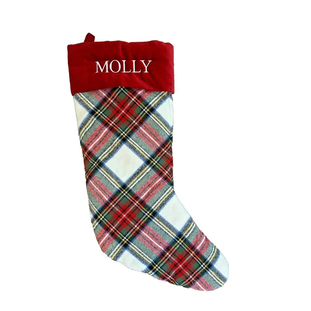 Pottery Barn Plaid Molly Christmas Stocking Red White Green Velvet Cuff Nice
